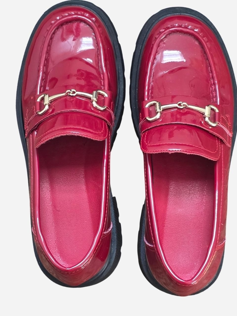 Women's Red Patent Loafers with Gold Bit Hardware